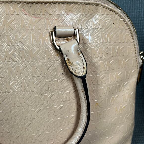 Michael Kors Cindy Monogram Satchel Bag Oyster Beige Patent Leather Dome Pockets - Picture 8 of 13